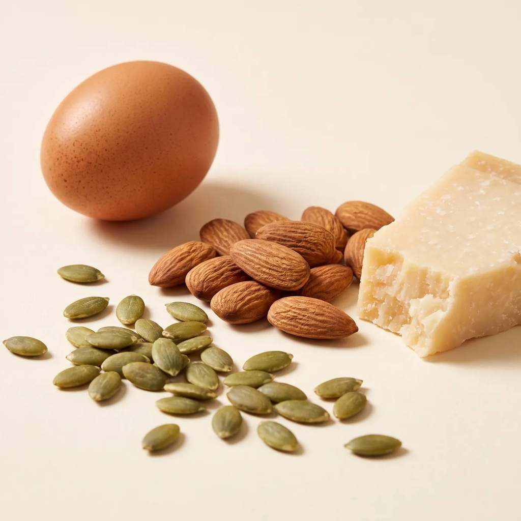 Alimentos ricos en tirosina: huevo, almendras, semillas y queso